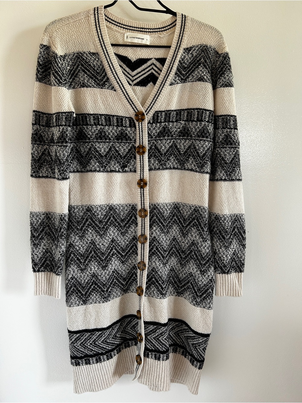 Lucky Brand Long Button-Front Cream and Black Patterned Sweater Dress